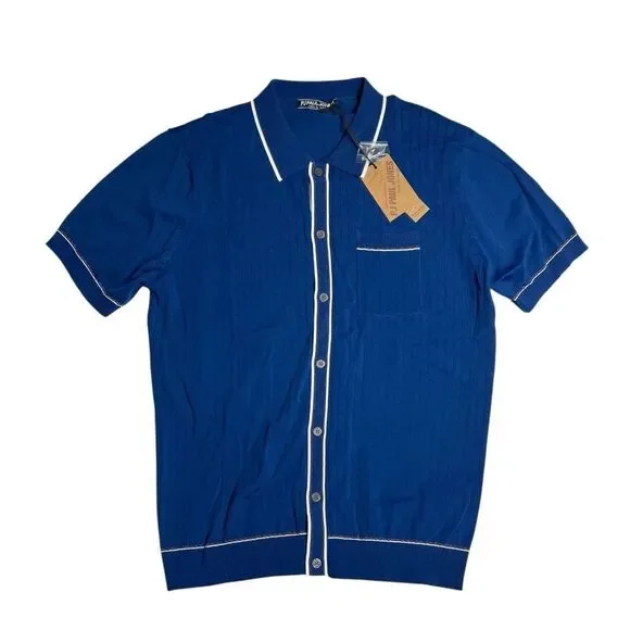 Paul Jones Knit Button Polo Shirt Navy Blue Men's Sz Large Retro Mod Travel Golf - Picture 2 of 9